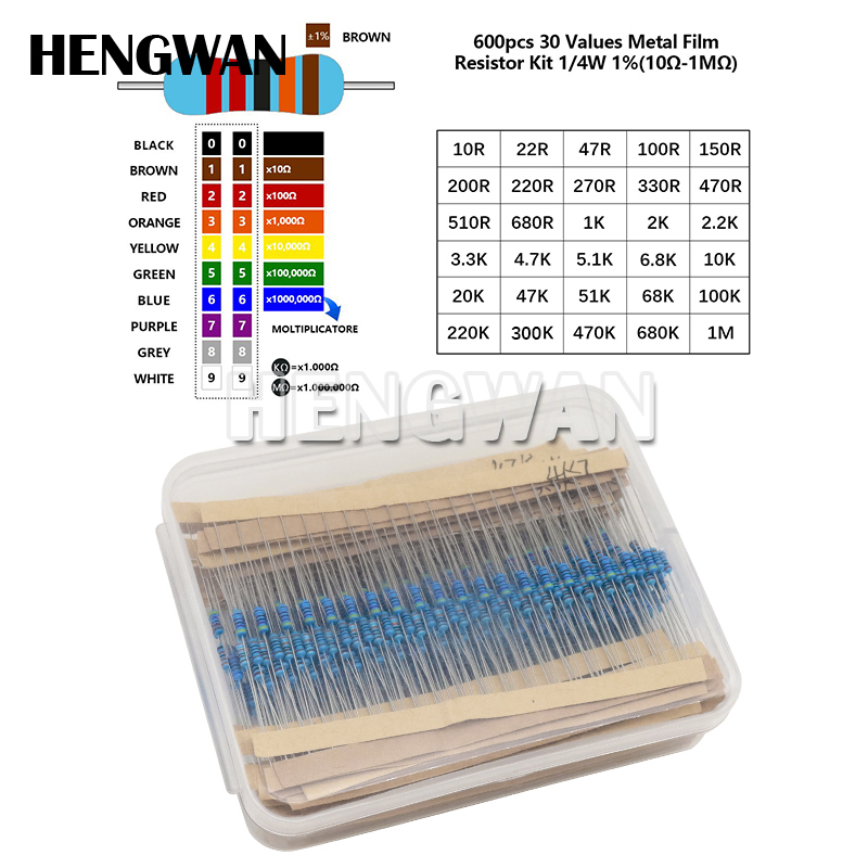 Diy Electronics Components - ชุดตัวต้านทานฟิล์มโลหะ 1/4W จำนวน 600 ชิ้น 30